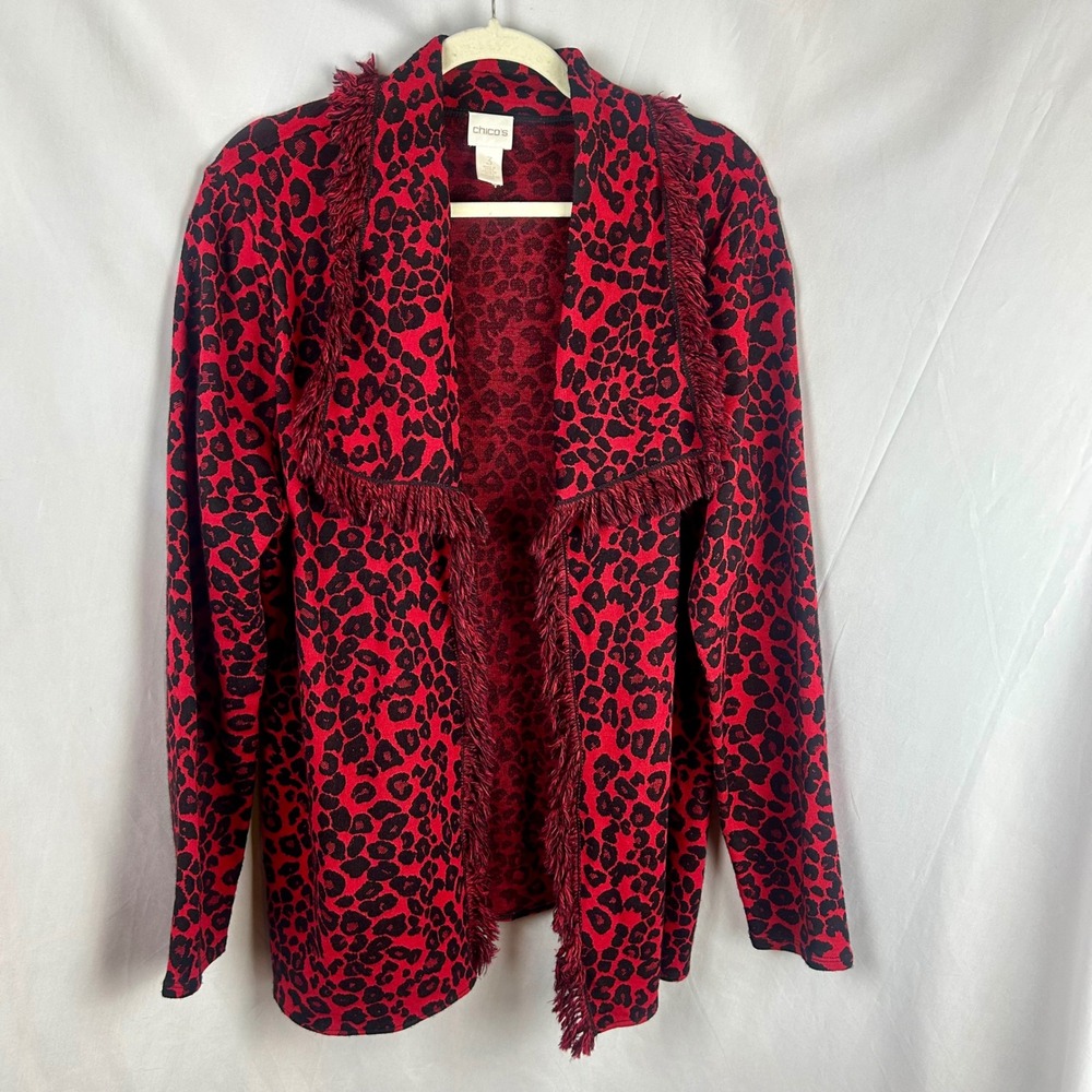 Chico's Red Black Leopard Cheetah Print Fringe Cardigan Sweater Size 3 XL Wool - Picture 2 of 7